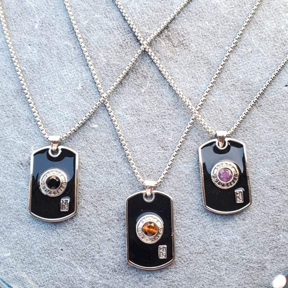 Mens Black Enamel Gemstone Dog Tag Necklace